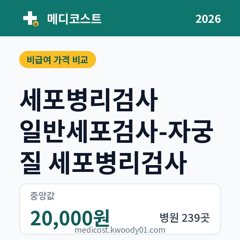 세포병리검사 일반세포검사-자궁질 세포병리검사 가격 비교 2026: 중앙값 20,000원, 병원 239곳