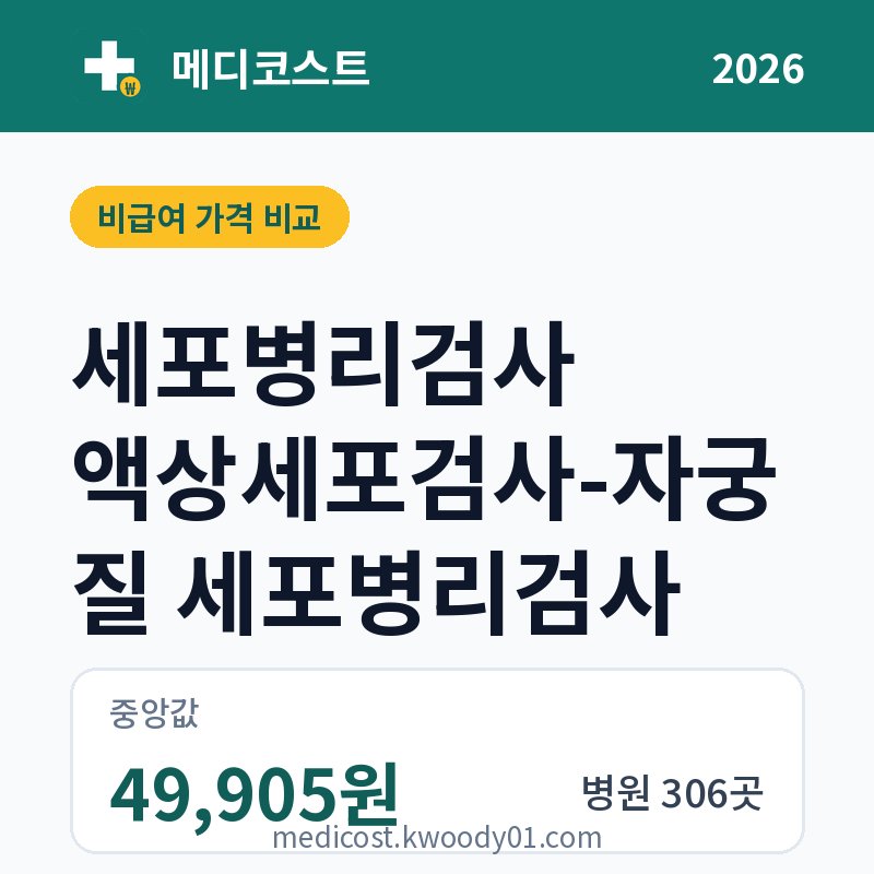 세포병리검사 액상세포검사-자궁질 세포병리검사 가격 비교 2026: 중앙값 49,905원, 병원 306곳