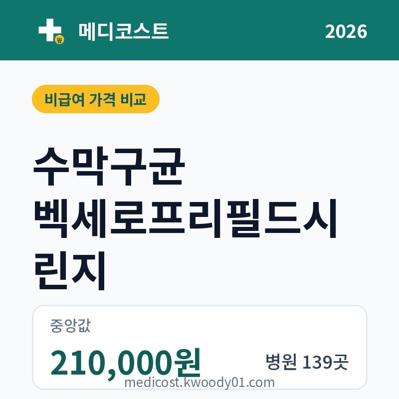 수막구균 벡세로프리필드시린지 가격 비교 2026: 중앙값 210,000원, 병원 139곳