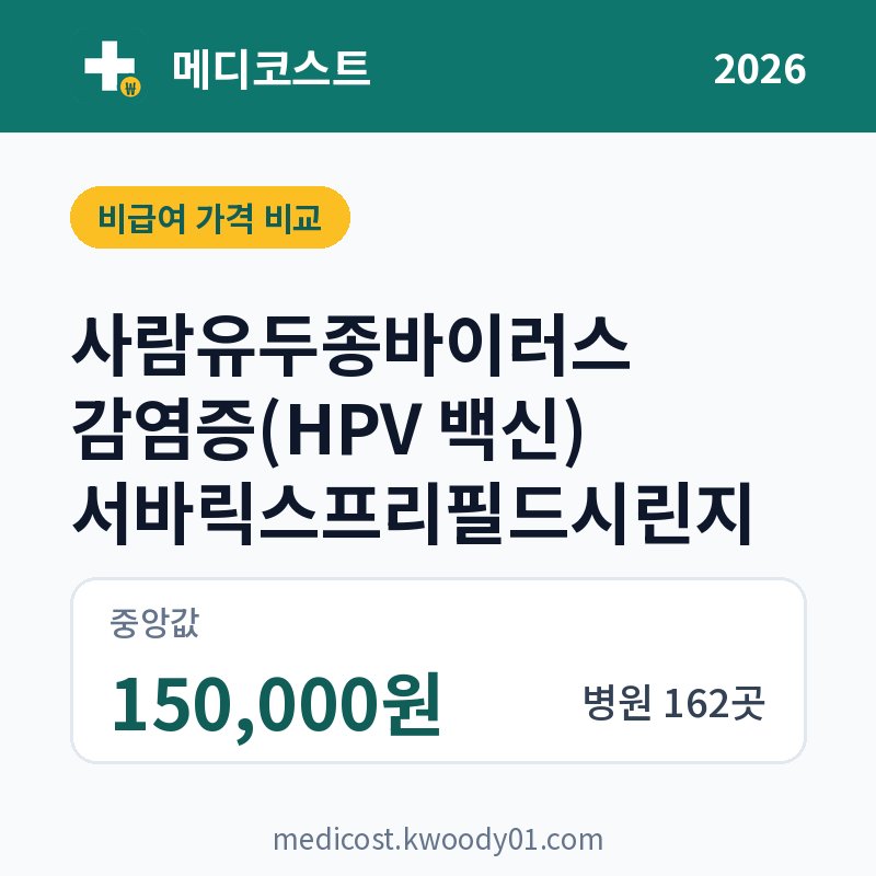 사람유두종바이러스 감염증(HPV 백신) 서바릭스프리필드시린지 가격 비교 2026: 중앙값 150,000원, 병원 162곳