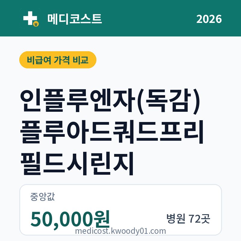 인플루엔자(독감) 플루아드쿼드프리필드시린지 가격 비교 2026: 중앙값 50,000원, 병원 72곳