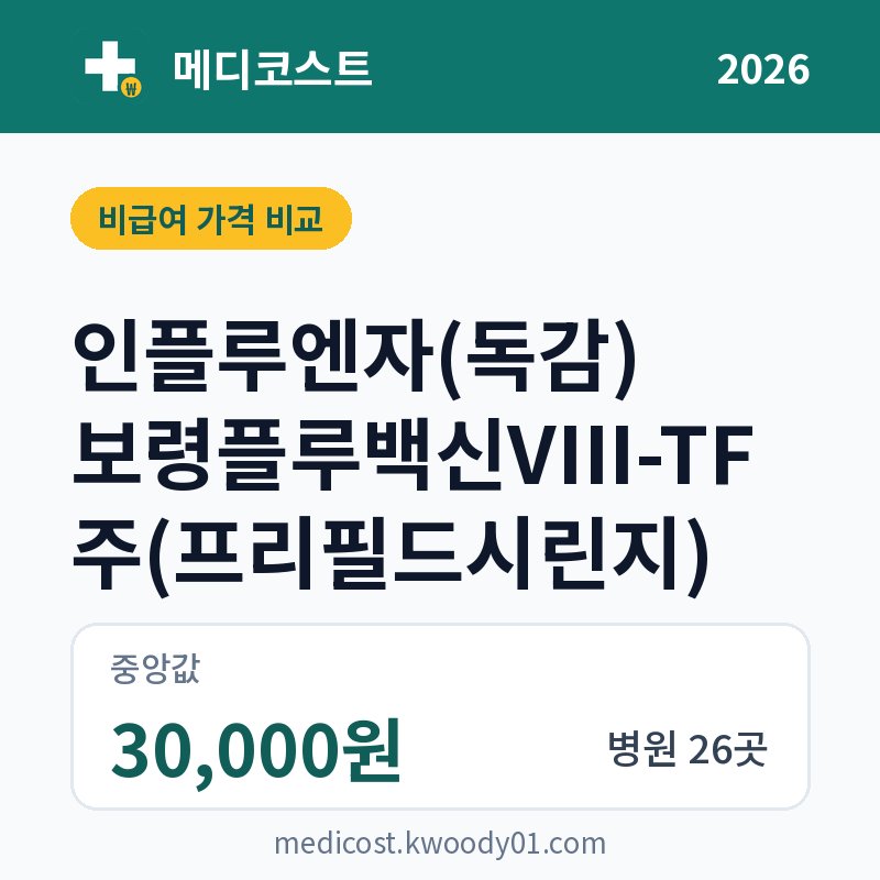 인플루엔자(독감) 보령플루백신VIII-TF주(프리필드시린지) 가격 비교 2026: 중앙값 30,000원, 병원 26곳