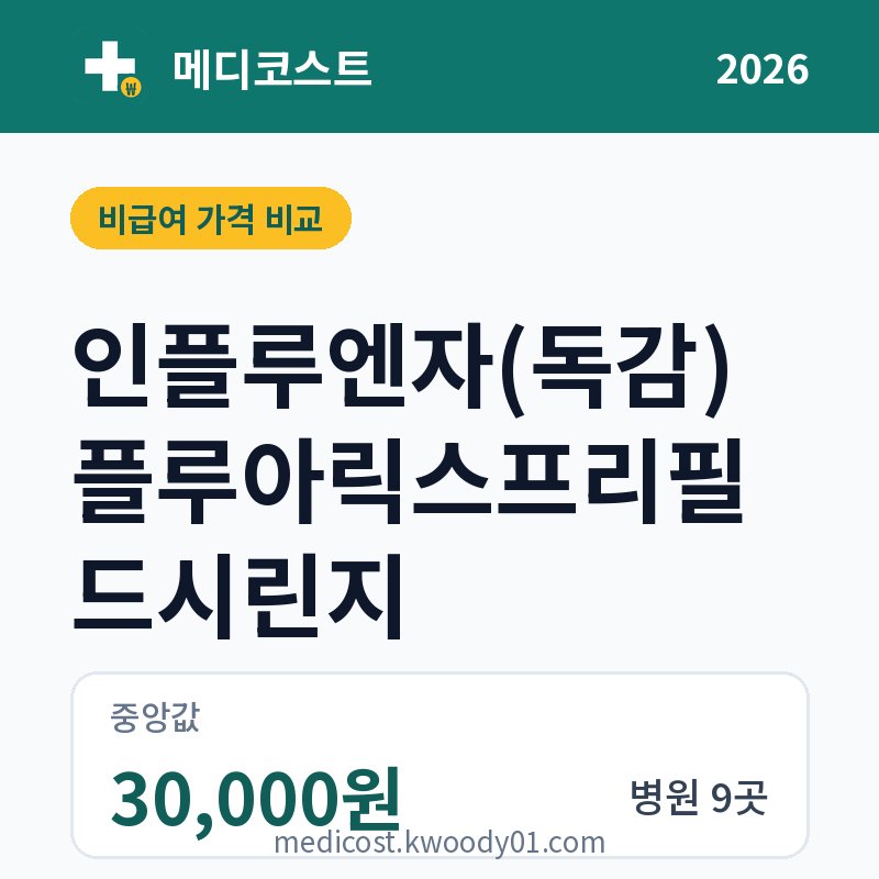 인플루엔자(독감) 플루아릭스프리필드시린지 가격 비교 2026: 중앙값 30,000원, 병원 9곳
