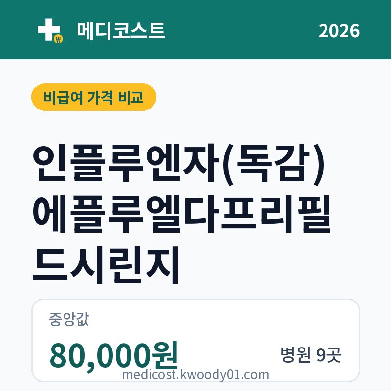 인플루엔자(독감) 에플루엘다프리필드시린지 가격 비교 2026: 중앙값 80,000원, 병원 9곳