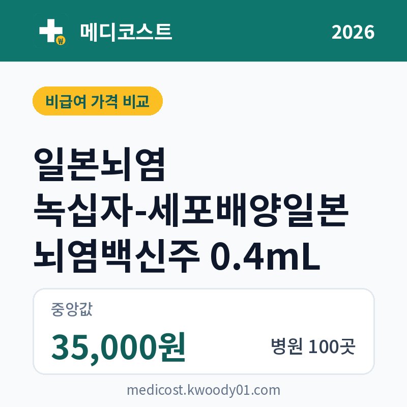 일본뇌염 녹십자-세포배양일본뇌염백신주 0.4mL 가격 비교 2026: 중앙값 35,000원, 병원 100곳