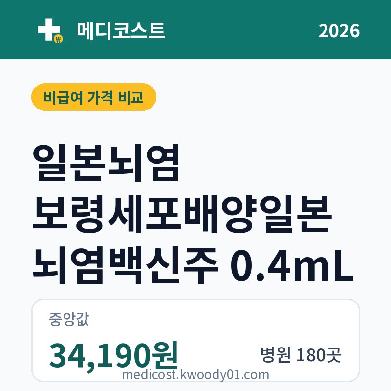 일본뇌염 보령세포배양일본뇌염백신주 0.4mL 가격 비교 2026: 중앙값 34,190원, 병원 180곳