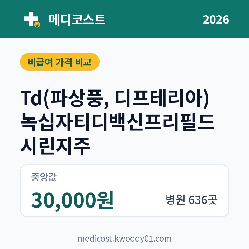 Td(파상풍, 디프테리아) 녹십자티디백신프리필드시린지주 가격 비교 2026: 중앙값 30,000원, 병원 636곳