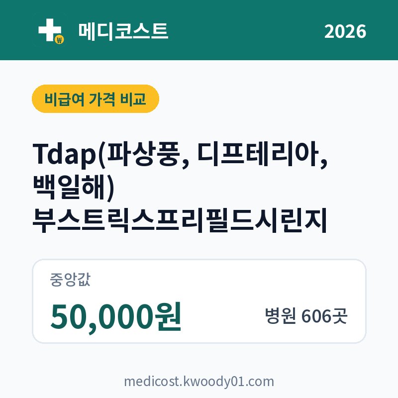 Tdap(파상풍, 디프테리아, 백일해) 부스트릭스프리필드시린지 가격 비교 2026: 중앙값 50,000원, 병원 606곳