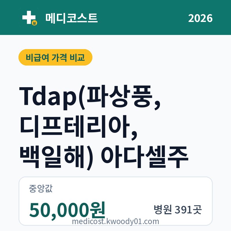 Tdap(파상풍, 디프테리아, 백일해) 아다셀주 가격 비교 2026: 중앙값 50,000원, 병원 391곳