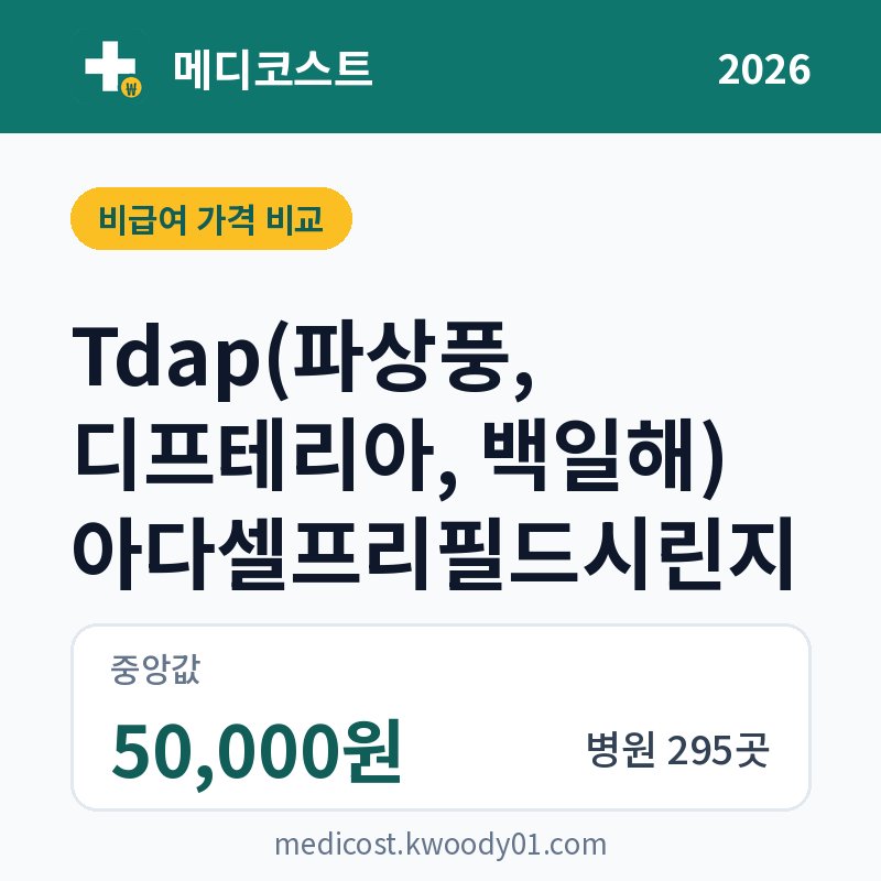 Tdap(파상풍, 디프테리아, 백일해) 아다셀프리필드시린지 가격 비교 2026: 중앙값 50,000원, 병원 295곳