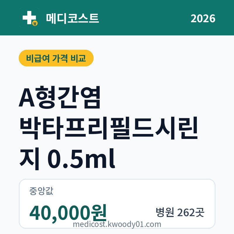 A형간염 박타프리필드시린지 0.5ml 가격 비교 2026: 중앙값 40,000원, 병원 262곳