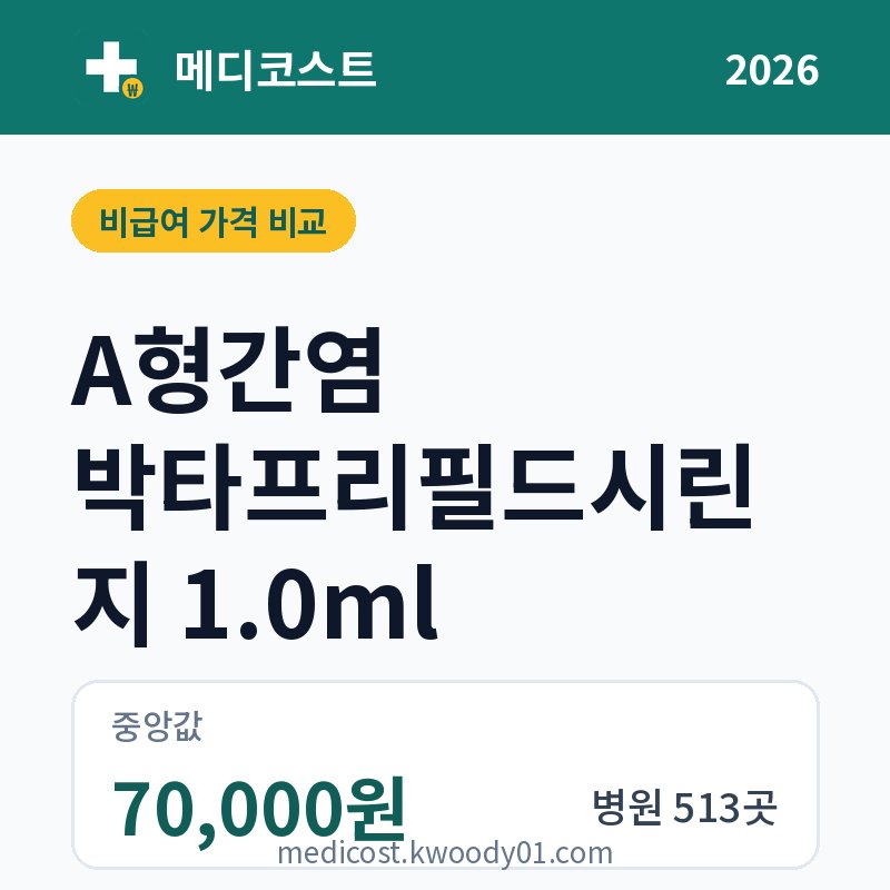 A형간염 박타프리필드시린지 1.0ml 가격 비교 2026: 중앙값 70,000원, 병원 513곳
