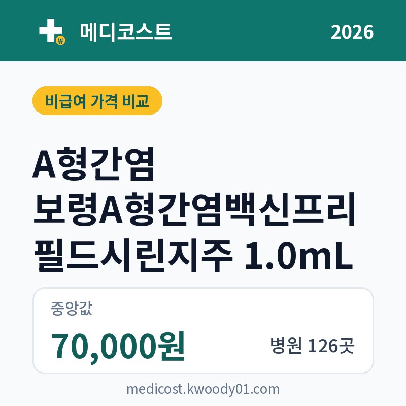 A형간염 보령A형간염백신프리필드시린지주 1.0mL 가격 비교 2026: 중앙값 70,000원, 병원 126곳