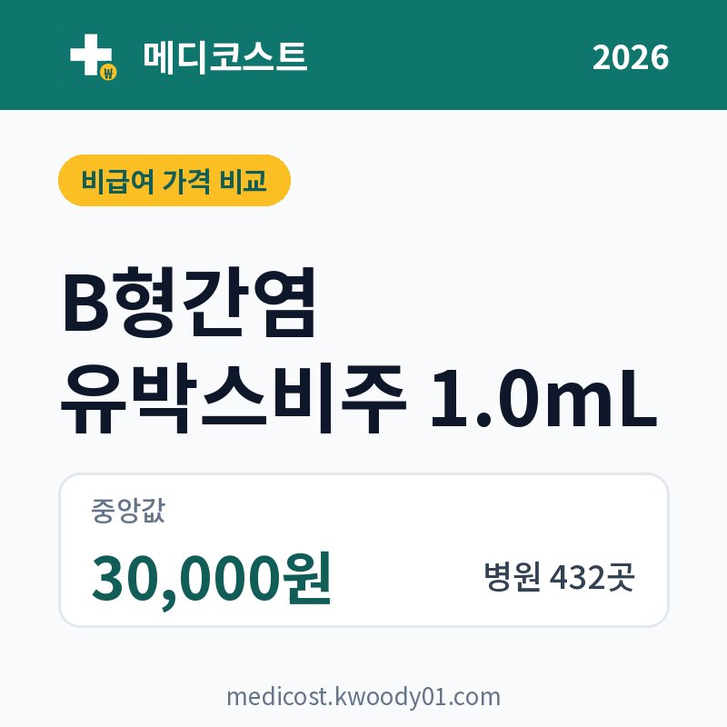 B형간염 유박스비주 1.0mL 가격 비교 2026: 중앙값 30,000원, 병원 432곳