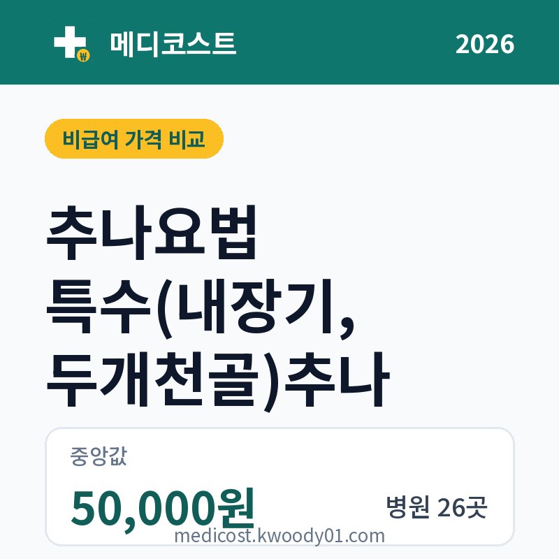추나요법 특수(내장기, 두개천골)추나 가격 비교 2026: 중앙값 50,000원, 병원 26곳