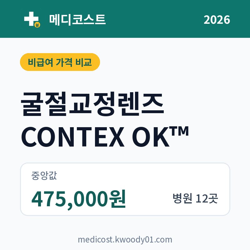 굴절교정렌즈 CONTEX OK™ 가격 비교 2026: 중앙값 475,000원, 병원 12곳