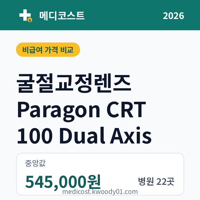 굴절교정렌즈 Paragon CRT 100 Dual Axis 가격 비교 2026: 중앙값 545,000원, 병원 22곳
