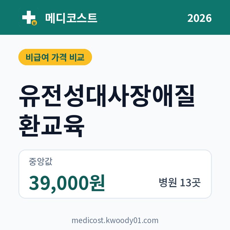 유전성대사장애질환교육 가격 비교 2026: 중앙값 39,000원, 병원 13곳