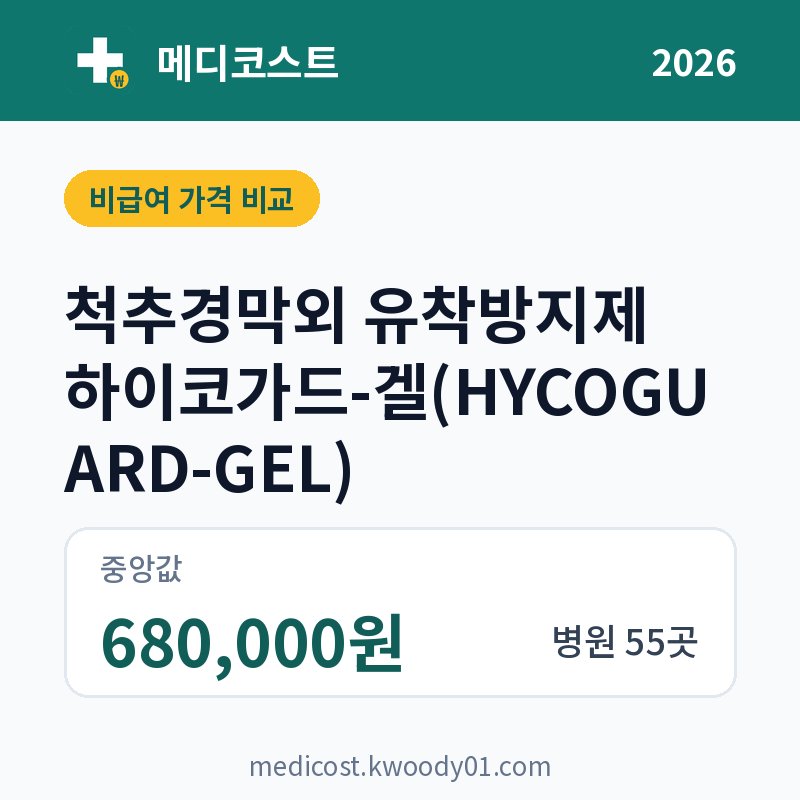 척추경막외 유착방지제 하이코가드-겔(HYCOGUARD-GEL) 가격 비교 2026: 중앙값 680,000원, 병원 55곳