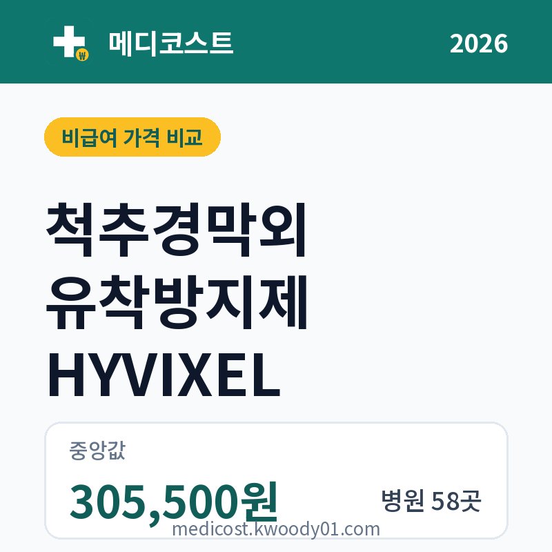 척추경막외 유착방지제 HYVIXEL 가격 비교 2026: 중앙값 305,500원, 병원 58곳