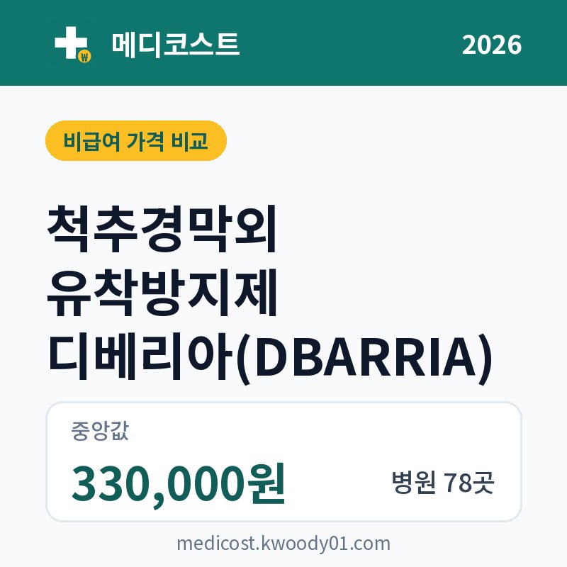 척추경막외 유착방지제 디베리아(DBARRIA) 가격 비교 2026: 중앙값 330,000원, 병원 78곳