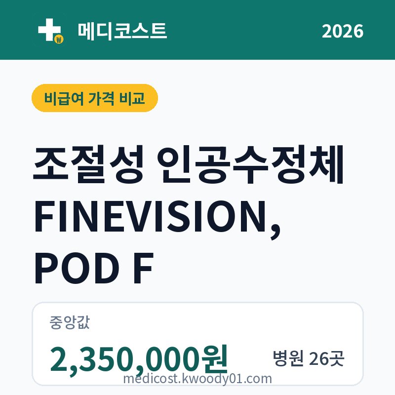 조절성 인공수정체 FINEVISION, POD F 가격 비교 2026: 중앙값 2,350,000원, 병원 26곳