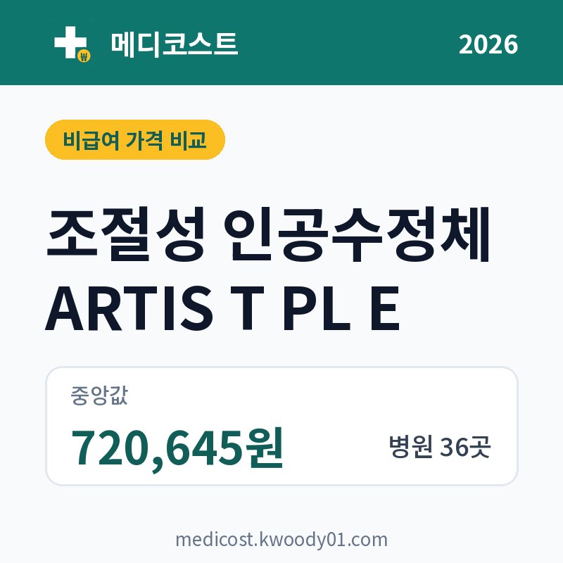 조절성 인공수정체 ARTIS T PL E 가격 비교 2026: 중앙값 720,645원, 병원 36곳