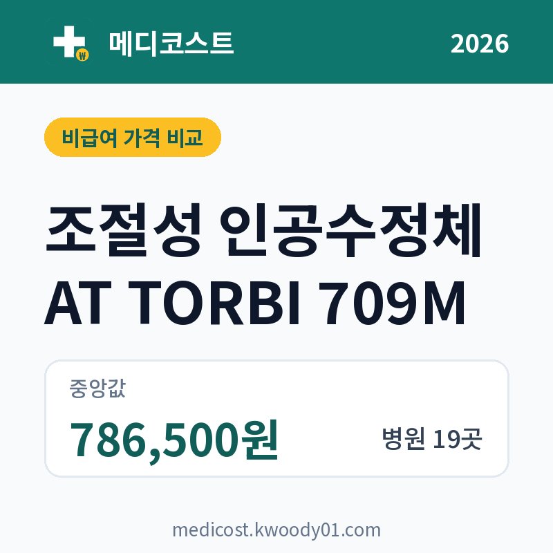 조절성 인공수정체 AT TORBI 709M 가격 비교 2026: 중앙값 786,500원, 병원 19곳