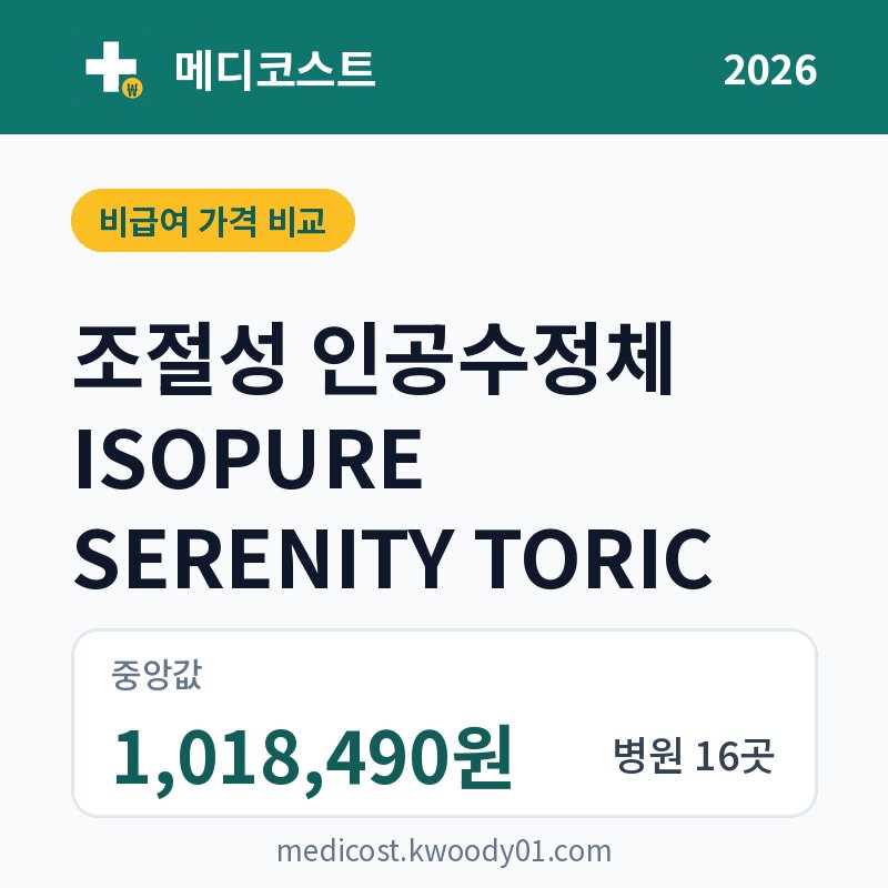 조절성 인공수정체 ISOPURE SERENITY TORIC 가격 비교 2026: 중앙값 1,018,490원, 병원 16곳