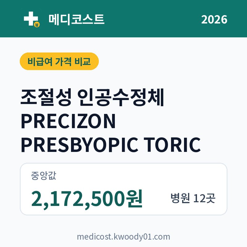 조절성 인공수정체 PRECIZON PRESBYOPIC TORIC 가격 비교 2026: 중앙값 2,172,500원, 병원 12곳