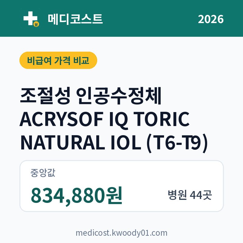 조절성 인공수정체 ACRYSOF IQ TORIC NATURAL IOL (T6-T9) 가격 비교 2026: 중앙값 834,880원, 병원 44곳