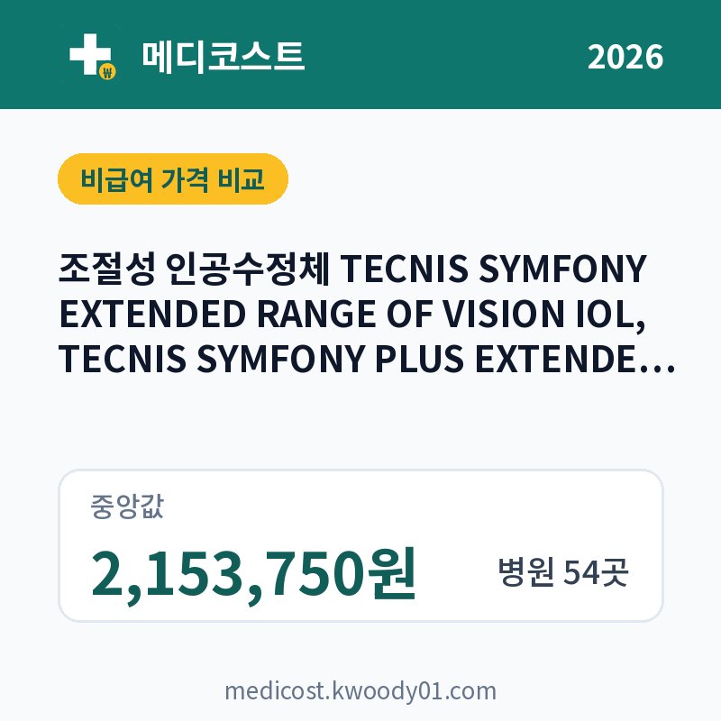 조절성 인공수정체 TECNIS SYMFONY EXTENDED RANGE OF VISION IOL, TECNIS SYMFONY PLUS EXTENDED RANGE OF VISION IOL 가격 비교 2026: 중앙값 2,153,750원, 병원 54곳