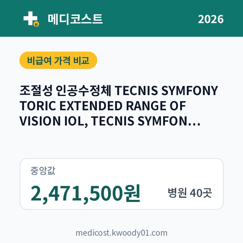 조절성 인공수정체 TECNIS SYMFONY TORIC EXTENDED RANGE OF VISION IOL, TECNIS SYMFONY PLUS TORIC EXTENDED RANGE OF VISION IOL 가격 비교 2026: 중앙값 2,471,500원, 병원 40곳