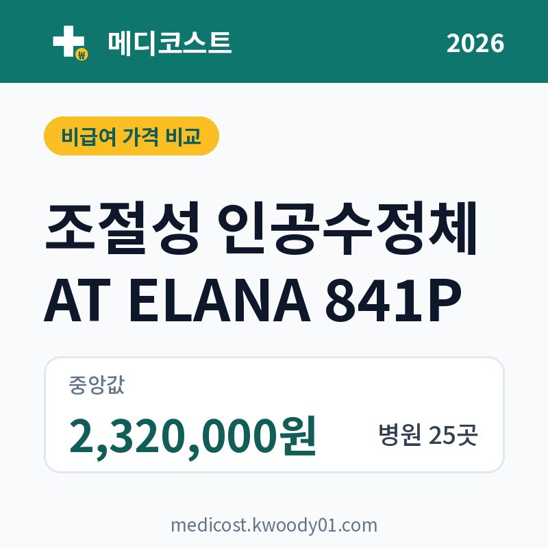 조절성 인공수정체 AT ELANA 841P 가격 비교 2026: 중앙값 2,320,000원, 병원 25곳