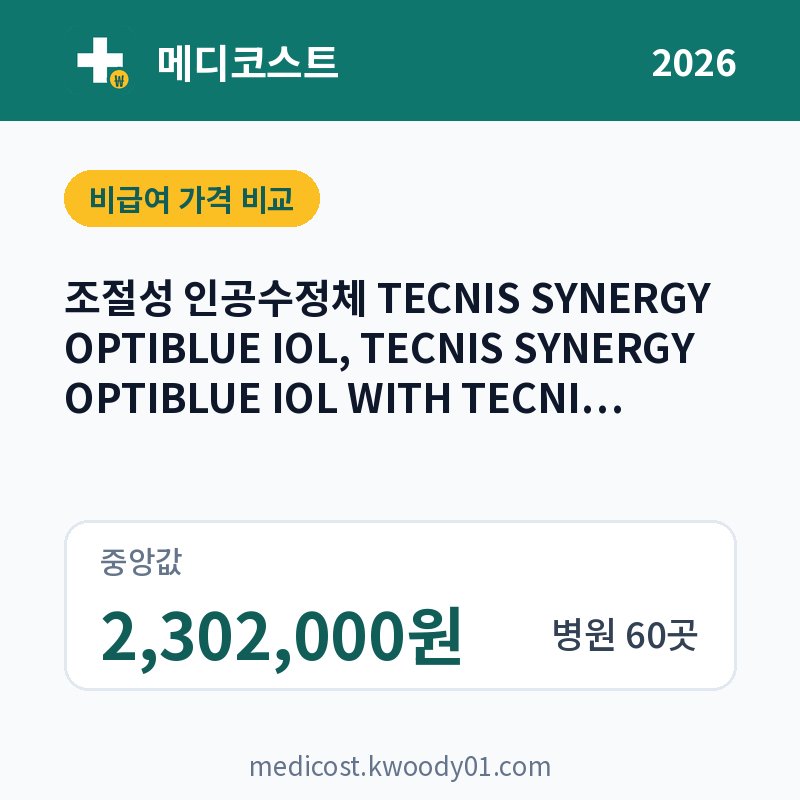 조절성 인공수정체 TECNIS SYNERGY OPTIBLUE IOL, TECNIS SYNERGY OPTIBLUE IOL WITH TECNIS SIMPLICITY DELIVERY SYSTEM 가격 비교 2026: 중앙값 2,302,000원, 병원 60곳