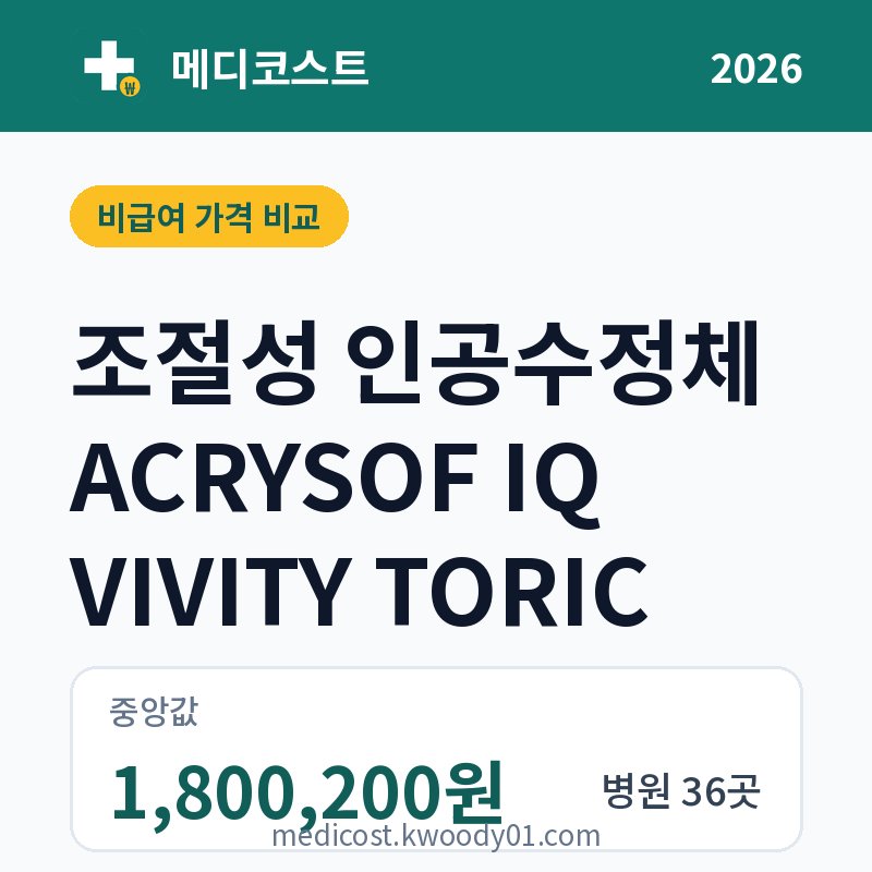 조절성 인공수정체 ACRYSOF IQ VIVITY TORIC 가격 비교 2026: 중앙값 1,800,200원, 병원 36곳