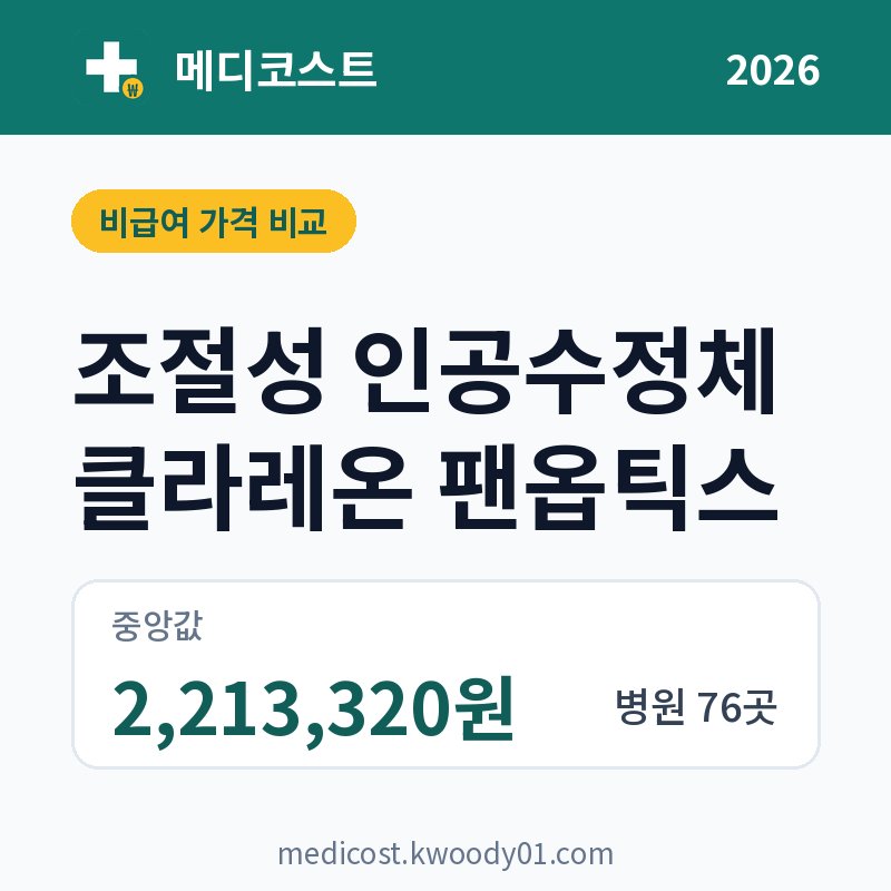 조절성 인공수정체 클라레온 팬옵틱스 가격 비교 2026: 중앙값 2,213,320원, 병원 76곳
