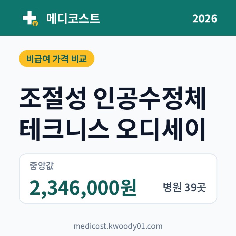 조절성 인공수정체 테크니스 오디세이 가격 비교 2026: 중앙값 2,346,000원, 병원 39곳