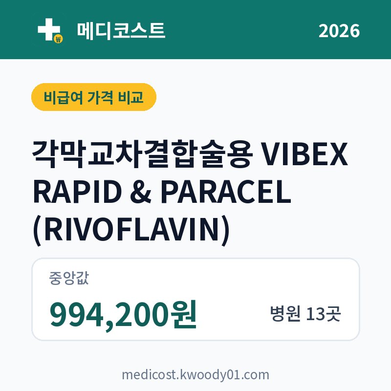 각막교차결합술용 VIBEX RAPID & PARACEL (RIVOFLAVIN) 가격 비교 2026: 중앙값 994,200원, 병원 13곳