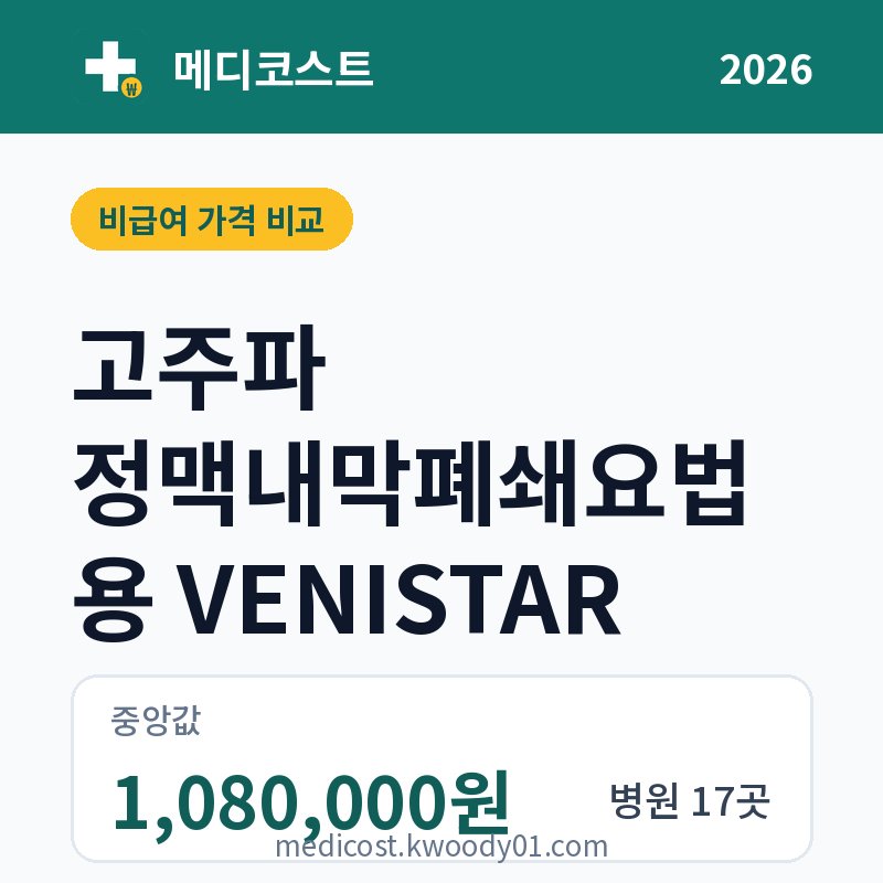 고주파 정맥내막폐쇄요법용 VENISTAR 가격 비교 2026: 중앙값 1,080,000원, 병원 17곳