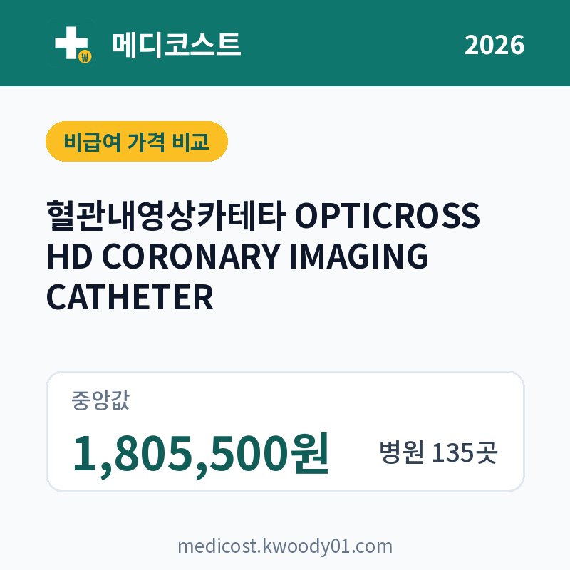 혈관내영상카테타 OPTICROSS HD CORONARY IMAGING CATHETER 가격 비교 2026: 중앙값 1,805,500원, 병원 135곳