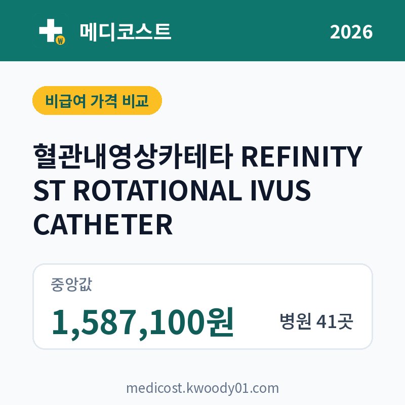혈관내영상카테타 REFINITY ST ROTATIONAL IVUS CATHETER 가격 비교 2026: 중앙값 1,587,100원, 병원 41곳