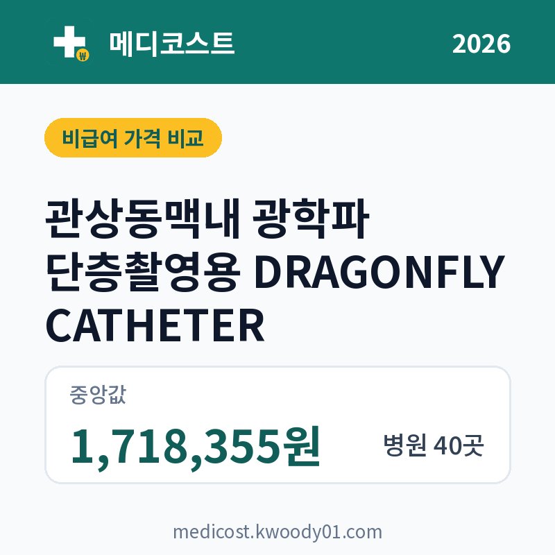 관상동맥내 광학파 단층촬영용 DRAGONFLY CATHETER 가격 비교 2026: 중앙값 1,718,355원, 병원 40곳