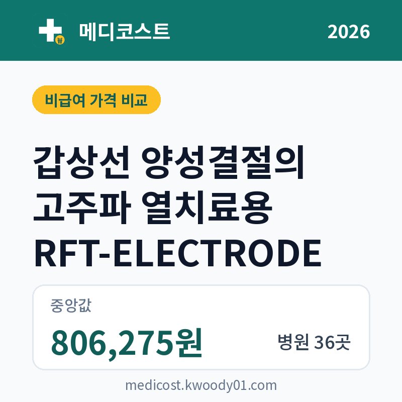 갑상선 양성결절의 고주파 열치료용 RFT-ELECTRODE 가격 비교 2026: 중앙값 806,275원, 병원 36곳