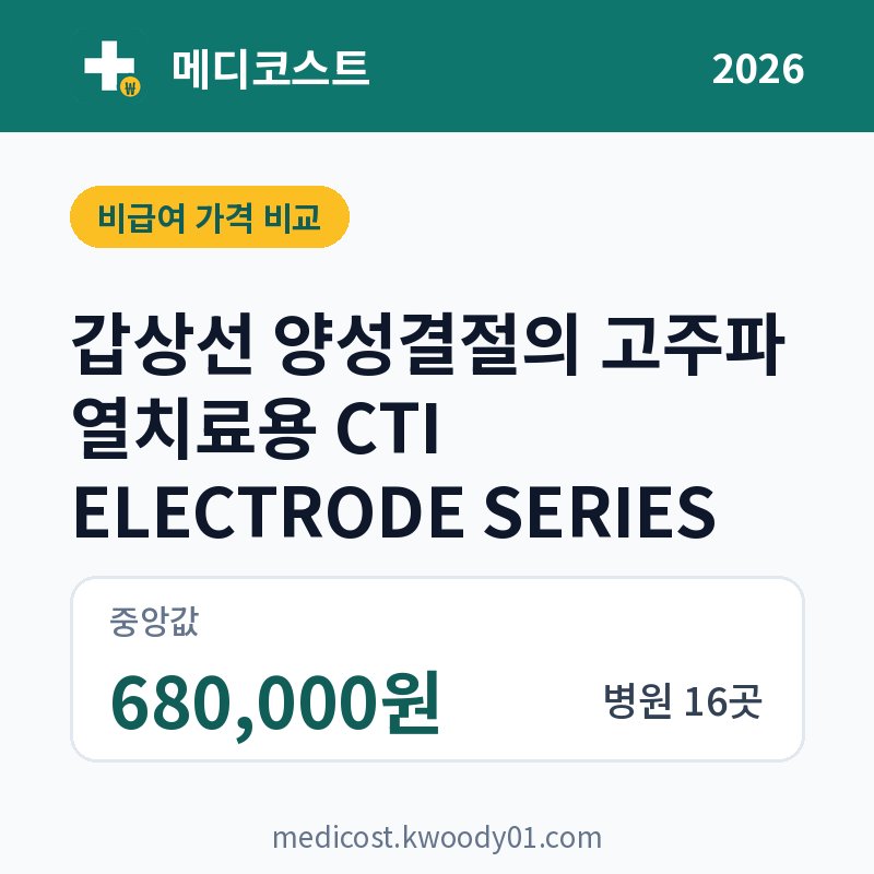갑상선 양성결절의 고주파 열치료용 CTI ELECTRODE SERIES 가격 비교 2026: 중앙값 680,000원, 병원 16곳