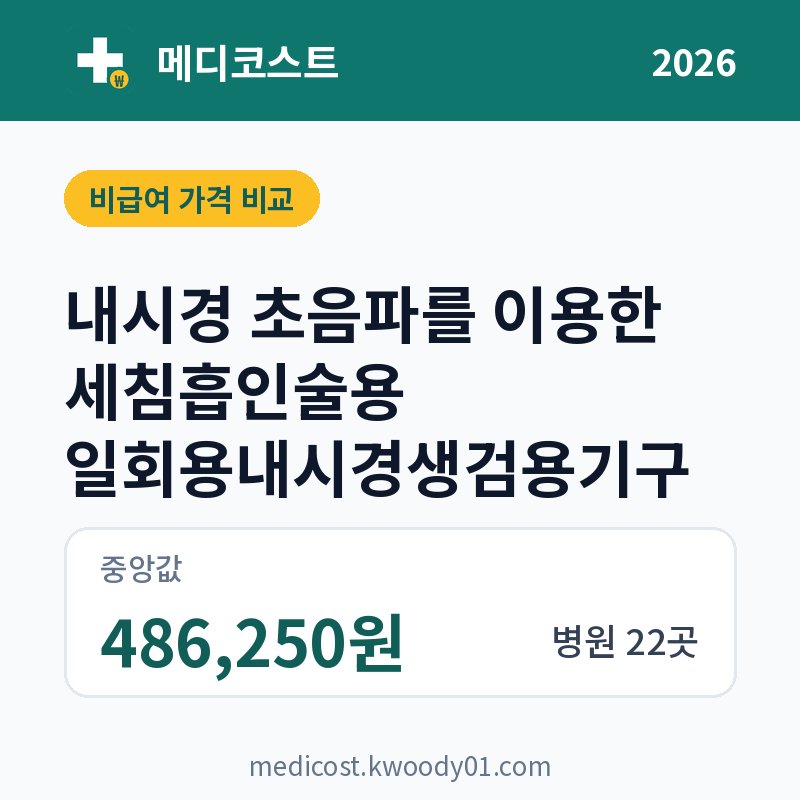 내시경 초음파를 이용한 세침흡인술용 일회용내시경생검용기구 가격 비교 2026: 중앙값 486,250원, 병원 22곳