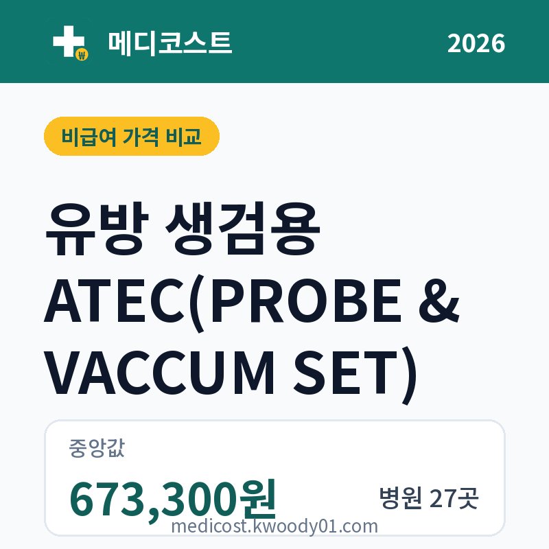 유방 생검용 ATEC(PROBE & VACCUM SET) 가격 비교 2026: 중앙값 673,300원, 병원 27곳