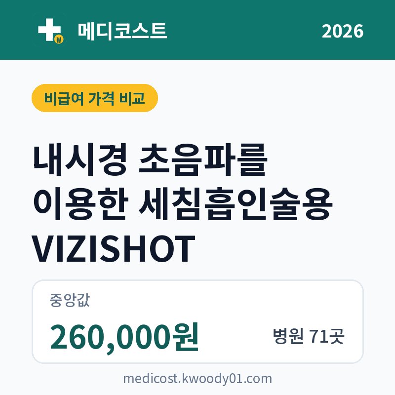 내시경 초음파를 이용한 세침흡인술용 VIZISHOT 가격 비교 2026: 중앙값 260,000원, 병원 71곳