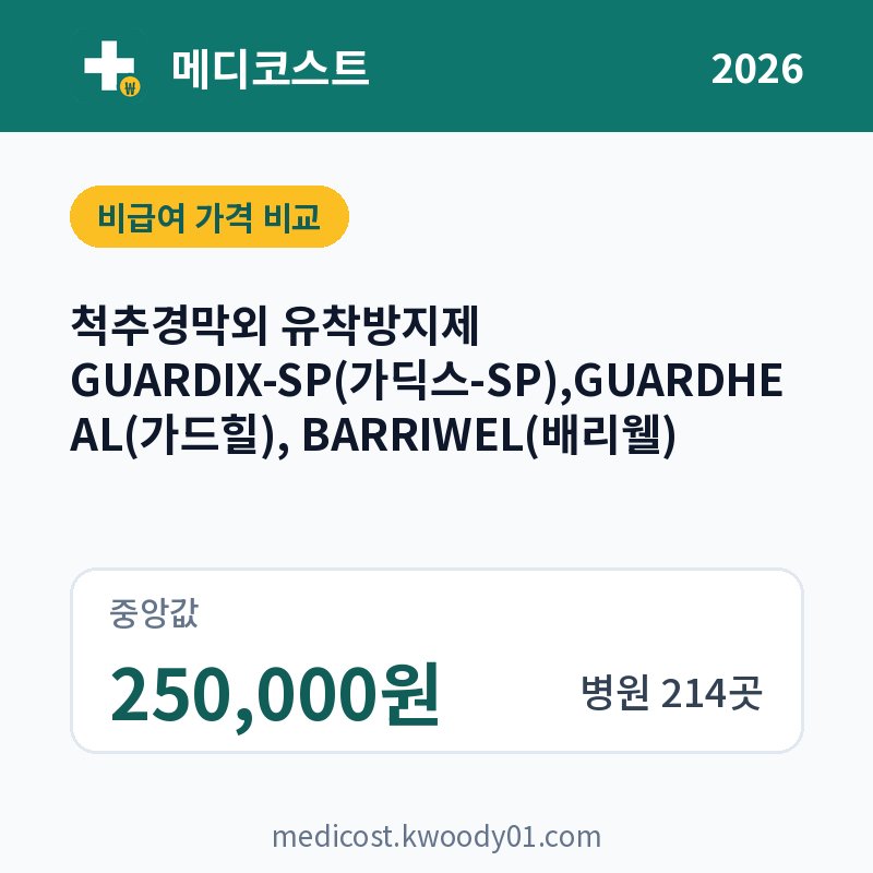 척추경막외 유착방지제 GUARDIX-SP(가딕스-SP),GUARDHEAL(가드힐), BARRIWEL(배리웰) 가격 비교 2026: 중앙값 250,000원, 병원 214곳
