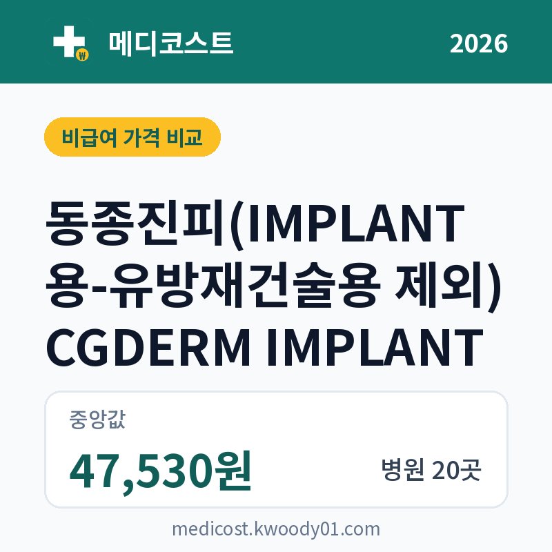동종진피(IMPLANT용-유방재건술용 제외) CGDERM IMPLANT 가격 비교 2026: 중앙값 47,530원, 병원 20곳